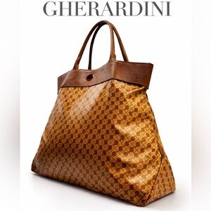 Gherardini Vintage G-Pattern Monogram Coated Canvas Leather Trim Tote Bag Italy